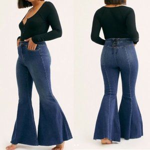 Free People CRVY High Rise Lace Up Flare Bell Bottom Jeans in Dark Wash